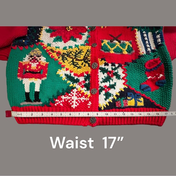 Christmas Hand Knitted Cardigan Sz Med. Red With Christmas Items Embroidered on - Picture 6 of 10